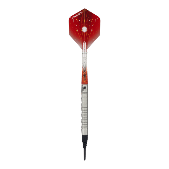 Unicorn Core XL Striker Style 1 zachte darts - 19g Auf dem Bild ist ein Softdart der Marke Unicorn Core XL Striker Style 1 mit einem Gewicht von 19g zu sehen. Die Flights sind rot mit einem weißen Muster, und der Schaft ist silbern.