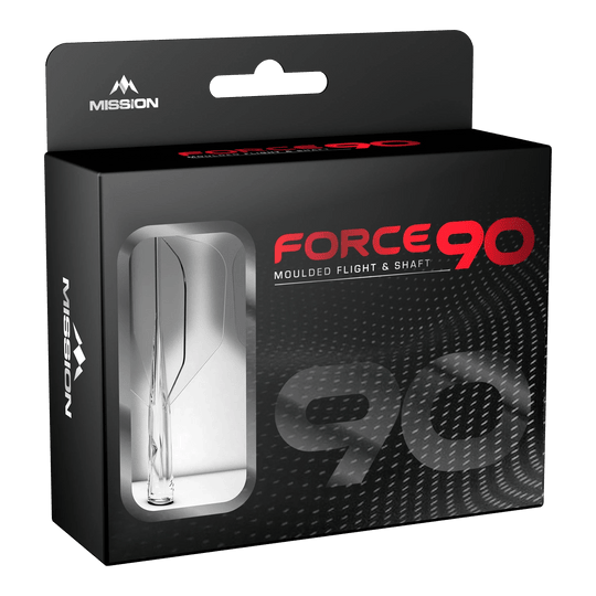 Mission Force 90 No6 Flight Shaft System - Doorzichtig Die Abbildung zeigt die Verpackung des Produkts „Mission Force 90 No6 Flight-Shaft-System - Clear“. In der schwarzen Box mit Sichtfenster ist das transparente Flight-Shaft-System zu erkennen.