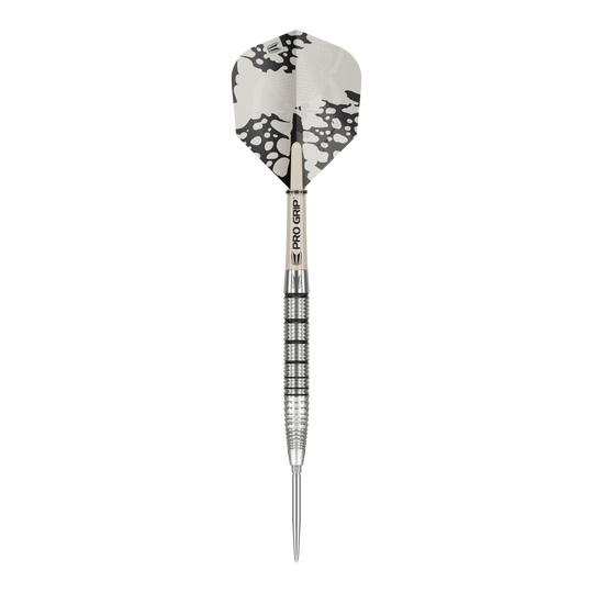 Target EXO SP02 Swiss Point stalen dartpijlen Das Bild zeigt einen Target EXO SP02 Swiss Point Steeldart. Der Dartpfeil hat ein silbernes Griffstück mit schwarzen Rillen und eine schwarz-weiße Flight.