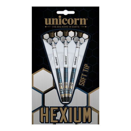 Unicorn Hexium Style 02 Blauw & Goud Zachte Dartpijlen - 21 g Unicorn Hexium Style 02 Blue & Gold Softdarts - 21g besticht durch sein modernes Design. Die stilvollen Softdarts sind ideal für Dartbegeisterte.