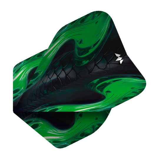 Mission Solo Venom No2 Standaardvluchten Das Bild zeigt die "Mission Solo Venom No2 Standard Flights" mit einem auffälligen grünen und schwarzen Design. Das Muster erinnert an Schlangenhaut und verleiht der Flight einen dynamischen Look.