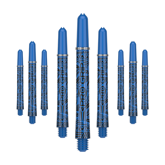 Das Bild zeigt neun blaue Dartschäfte mit schwarzem Muster und der Aufschrift "PRO GRIP". Sie sind in einer Reihe angeordnet, wobei die mittleren Schäfte am größten dargestellt werden.