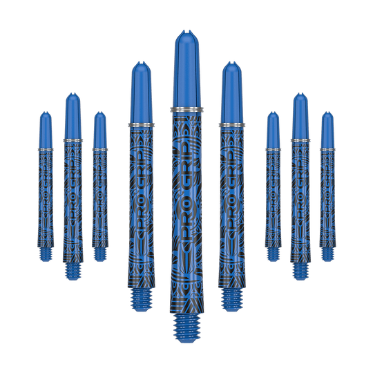 Target Pro Grip Ink shafts - 3 sets - blauw Das Bild zeigt neun blaue Dartschäfte mit schwarzem Muster und der Aufschrift "PRO GRIP". Sie sind in einer Reihe angeordnet, wobei die mittleren Schäfte am größten dargestellt werden.