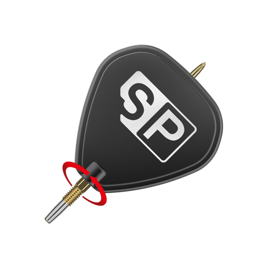 Target Swiss Point GRD Gold darttips Das Bild zeigt die Target Swiss Point GRD Gold Dartspitzen. Die Spitzen sind goldfarben und an einem schwarzen Flight mit „SP“-Logo befestigt.