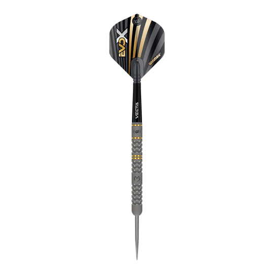 Dies ist ein Winmau Michael Van Gerwen Evo-X Steeldart. Der Dartpfeil hat ein schwarz-goldenes Design und eine strukturierte Griffzone.