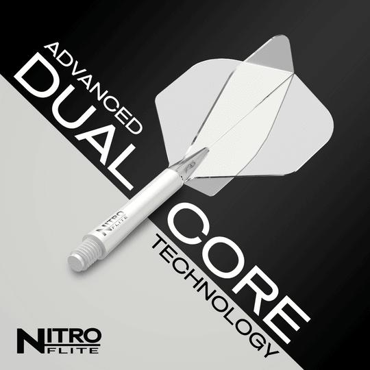 Das Bild zeigt das Produkt "Red Dragon Nitroflite - White Shaft Clear No2 Flights". Auf dem Bild sind die Begriffe "Advanced Dual Core Technology" sowie das Produkt selbst gut sichtbar.