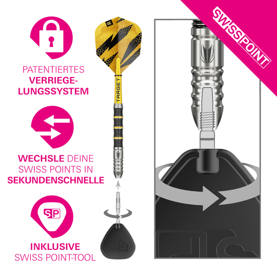 Target Buzz 02 Swiss Points stalen dartpijlen Auf dem Foto sind die Target Buzz 02 Swiss Points Steeldarts zu sehen. Das Produkt wird frontal präsentiert.