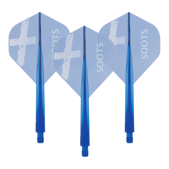 Das Bild zeigt drei blaue Dart-Flights des Produkts "Condor AXE Soots Flight-System - Standard". Auf jedem Flight steht das Wort "SOOTS" und ein weißes Kreuz ist abgebildet.