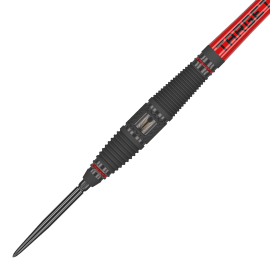 Target Scope 03 Swiss Point stalen darts Das Bild zeigt ein Target Scope 03 Swiss Point Steeldart mit schwarzem und rotem Design. Die Oberfläche des Darts ist geriffelt und hat Metallakzente für besseren Halt.