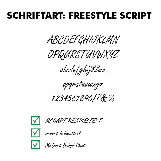 Flightdruck-Schriftart-Freestyle-ScriptYG20MbZqMjgTb Dart-Flight mit Freestyle-Script Schriftzug. Die Buchstaben sind geschwungen und dekorativ.