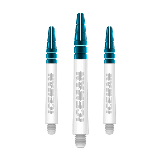 C635_Red_Dragon_Nitrotech_Gerwyn_Price_Shafts_White_42mm_1 Auf dem Bild sind drei weiße Dartschäfte mit blauen Spitzen zu sehen. Auf den Schäften steht das Wort "ICEMAN" in silberner Schrift.