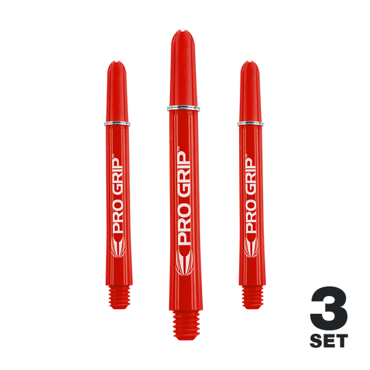 Das Bild zeigt drei rote Pro Grip Shafts für Darts. Unten rechts steht "3 Set", was darauf hinweist, dass es sich um ein Set mit drei Stück handelt.