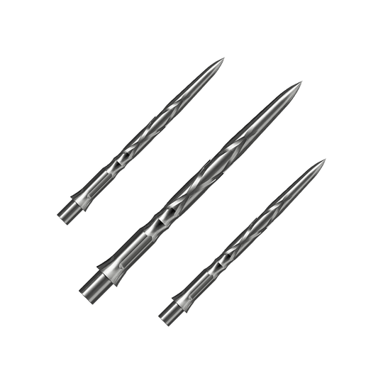 Caliburn System stalen dartpunten - HAN G2 - Zilver Das Bild zeigt drei silberne Steeldartspitzen mit einer gedrehten Oberflächenstruktur. Sie sind spitz zulaufend und für den Einsatz in Dartpfeilen geeignet.