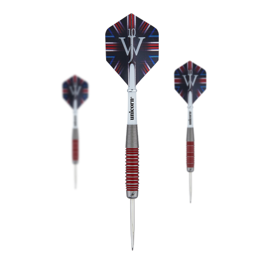 Unicorn The Machine James Wade 90% stalen darts Das Bild zeigt drei Steeldarts des Produkts "Unicorn The Machine James Wade 90% Steeldarts". Die Darts haben rote und silberne Griffringe sowie Flights mit einem schwarz-blauen Muster und den Initialen "JW".