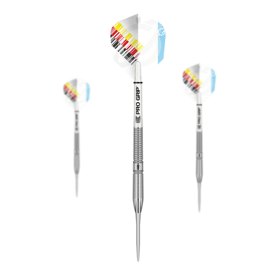 Das Bild zeigt drei Steeldarts des Produkts "Target Gabriel Clemens Generation One". Die Darts haben silberne Spitzen und Schäfte sowie Flights mit einem weißen Design und farbigen Streifen.