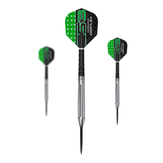 Harrows Dimplex S3 taps toelopende stalen darts Harrows Dimplex S3 Tapered Steeldarts sind als Set abgebildet. Die Oberfläche ist klar strukturiert.