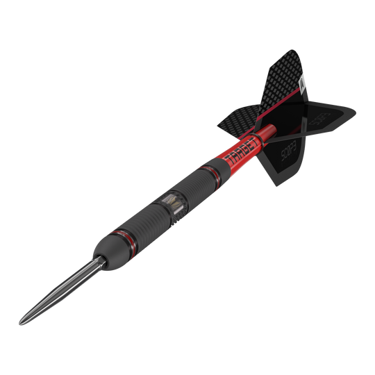 Target Scope 01 Swiss Point stalen darts Das Bild zeigt einen Target Scope 01 Swiss Point Steeldart. Der Dartpfeil hat ein modernes Design mit schwarzen und roten Akzenten sowie einer stabilen Metallspitze.