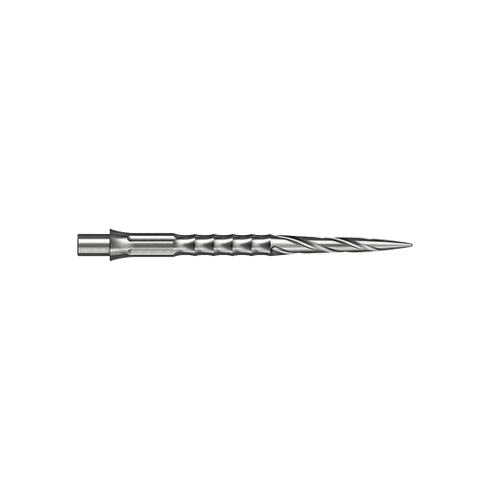 Caliburn System stalen dartpunten - Spiro - NoLip - zilver Zwei silberne Steeldartspitzen werden gezeigt. Sie sind 32 mm lang und gehören zum Spiro NoLip Design.