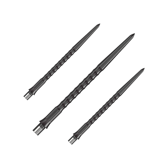 Das Foto zeigt ein Set schwarzer Caliburn Evo System Steeldartspitzen mit 40 mm Länge. Es sind mehrere Spitzen nebeneinander abgebildet.