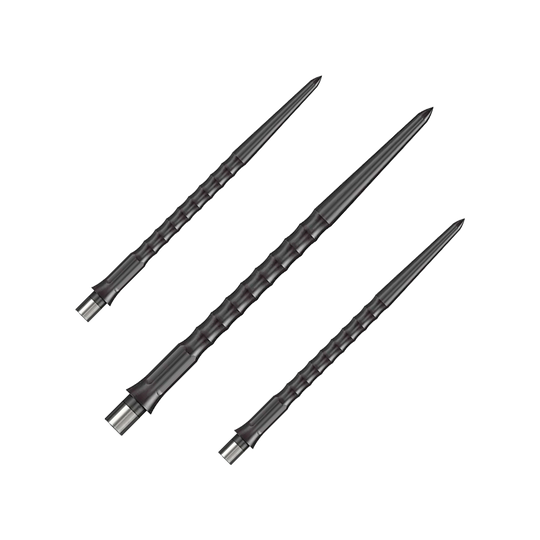 Caliburn System Steeldart Tips - Ripple - NoLip - Zwart Das Foto zeigt ein Set schwarzer Caliburn Evo System Steeldartspitzen mit 40 mm Länge. Es sind mehrere Spitzen nebeneinander abgebildet.