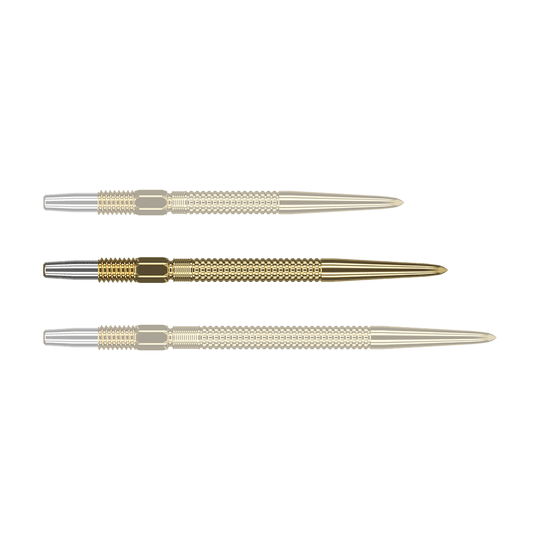 Target Swiss Point GRD Gold darttips Das Bild zeigt drei goldene Dartspitzen des Produkts „Target Swiss Point GRD Gold Dartspitzen“. Die Spitzen haben ein silbernes Gewinde und ein geriffeltes Design für besseren Halt.