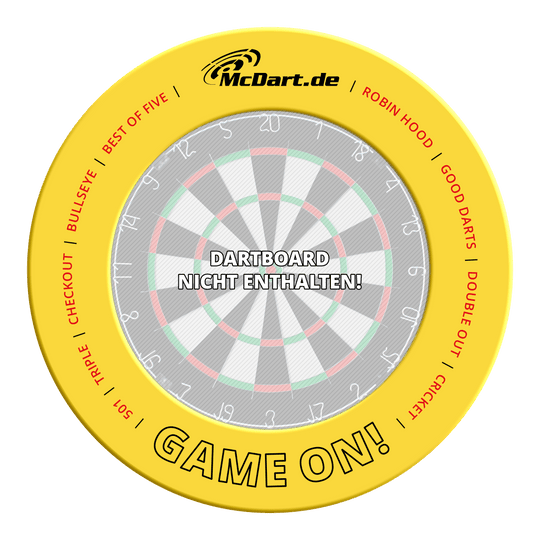 McDart-spel op dartbordomlijsting Das Bild zeigt das Produkt mit dem Dateinamen MSF-B4_McDart_Game_On_Dartboard_Surround_Gelb_3. Es ist ein Dartboard-Surround in Gelb.