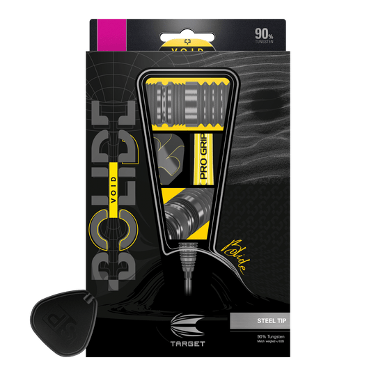 Target Bolide Void 03 Swiss Point steel darts Das Bild zeigt die Verpackung der "Target Bolide Void 03 Swiss Point Steeldarts". Die Darts bestehen zu 90 % aus Tungsten und haben eine Stahspitze.