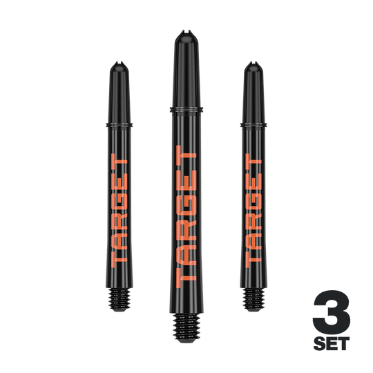 Target Pro Grip TAG Shafts - 3 sets - Zwart Oranje Das Bild zeigt drei schwarze Dartschäfte mit orangefarbener Aufschrift "TARGET". In der rechten unteren Ecke steht "3 SET".