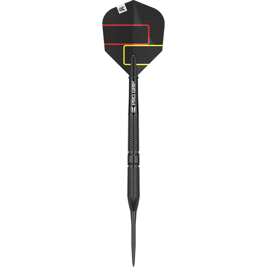 190227_Target_Gabriel_Clemens_Black_Edition_Steeldarts_1ovoKRTnltgb3u Dies ist ein schwarzer Steeldartpfeil mit geriffeltem Griff. Die Dart-Flügel sind schwarz mit roten und gelben Linien verziert.