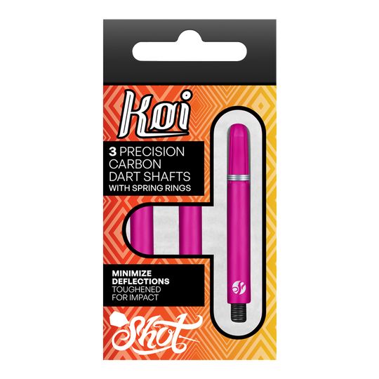 Shot Koi Carbon Shafts - Roze Auf dem Bild ist eine Verpackung mit drei pinkfarbenen Präzisions-Carbon-Dartschäften zu sehen. Die Schäfte sind für minimale Ablenkungen und erhöhte Schlagfestigkeit ausgelegt.