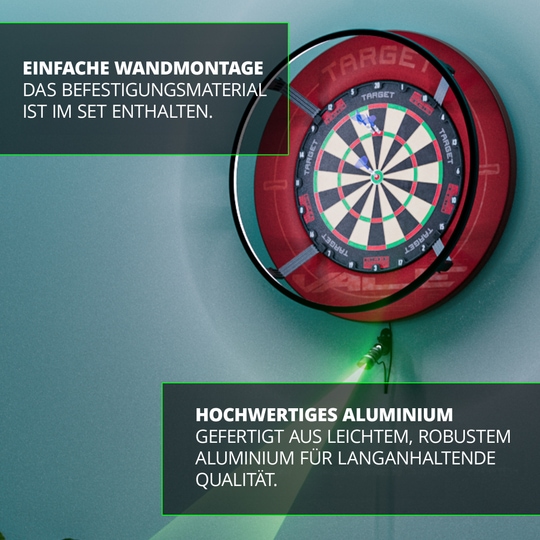 Target MOD Laser Oak Das Bild zeigt eine Dartscheibe mit dem Target MOD Laser Oche an der Wand montiert. Es wird auf die einfache Wandmontage und das hochwertige Aluminium des Produkts hingewiesen.