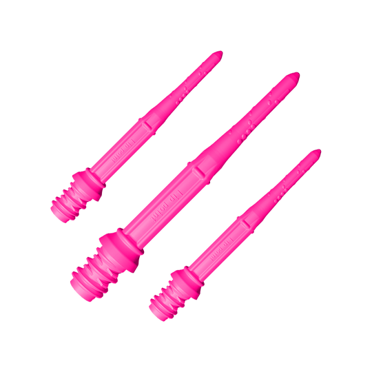 LIP_L-Style_Premium_Lippoints_30_Softdartspitzen_30erPack_NeonPink_1 Das Bild zeigt drei pinke Dartspitzen des Produkts "L-Style Premium Lippoints 30 (30er Pack) - 30mm". Sie sind länglich und haben eine strukturierte Oberfläche.