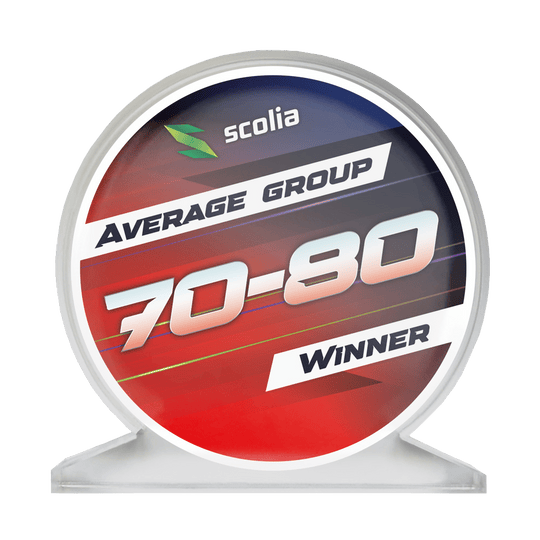 Scolia Acrylglas Trofee - Winnaar Das Bild zeigt einen Acrylglas-Pokal mit der Aufschrift Average 70-80. Er wird vermutlich für Dart-Turniere oder als Auszeichnung verwendet.