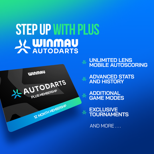 Winmau Autodarts apparaatstandaard & 12 maanden lidmaatschap bundel Das Produktbild zeigt das Winmau Device Stand & 12 Monate Membership Bundle. Es kombiniert einen Dart-Geräteständer mit einem Mitgliedschaftspaket für zwölf Monate.