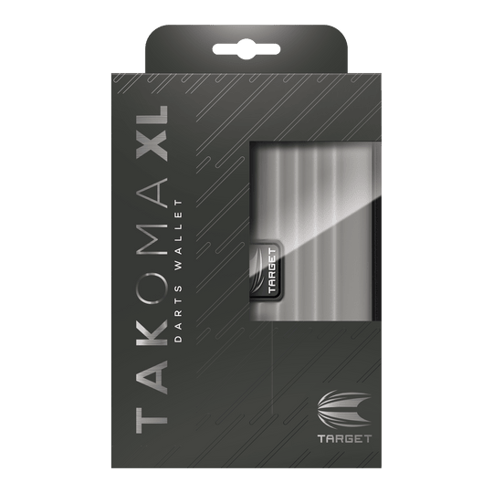 Target Takoma XL Dartwallet Die Abbildung zeigt eine Verpackung für ein Dart-Etui mit der Aufschrift "TAKOMA XL DARTS WALLET". Die Verpackung ist grau und bietet durch ein Sichtfenster einen Blick auf das darin enthaltene Etui.