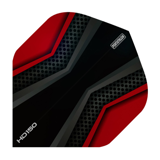 HD2021-Pentathlon-HD150-Black-Red Das Bild zeigt ein HD 150 Pentathlon Flight in Schwarz und Rot. Das Design besteht aus geometrischen Mustern mit roten und schwarzen Flächen sowie kleinen grauen Punkten.