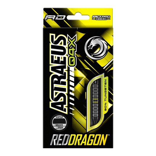 Red Dragon Astraeus Q4X Parallelle Softdarts - 20g Die Verpackung zeigt die Softdarts "Red Dragon Astraeus Q4X Parallel" mit einem Gewicht von 20 Gramm. Das Design ist hauptsächlich in Schwarz und Gelb gehalten und hebt hervor, dass die Darts zu 90% aus Tungsten bestehen.