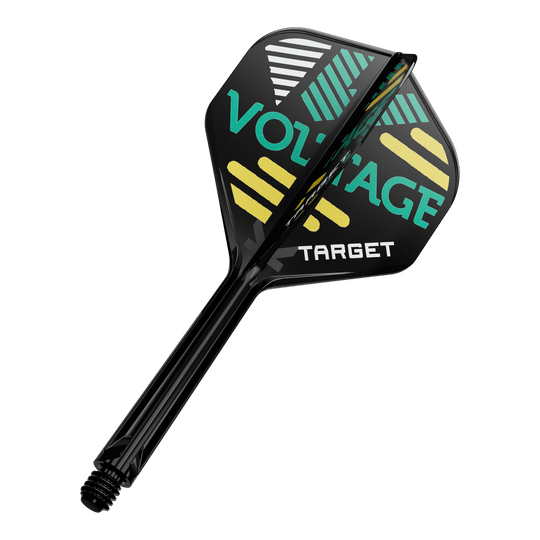Dieses Bild zeigt eine schwarze Dartflügel- und Schaftkombination. Auf dem Dartflügel stehen die Wörter "VOLTAGE" und "TARGET" in bunten Farben.