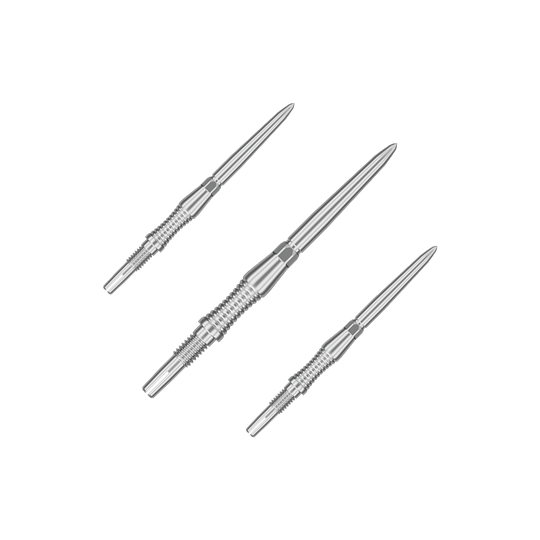 Target Swiss Point Dartpunten Signature RST - Zilver Das Bild zeigt ein Produkt mit dem Dateinamen 340300_Target_Swiss_Point_Dartspitzen_Signature_RST_Silber_30mm_1Set. Es scheint sich um ein Set silberner Dartspitzen mit 30 mm Länge zu handeln.