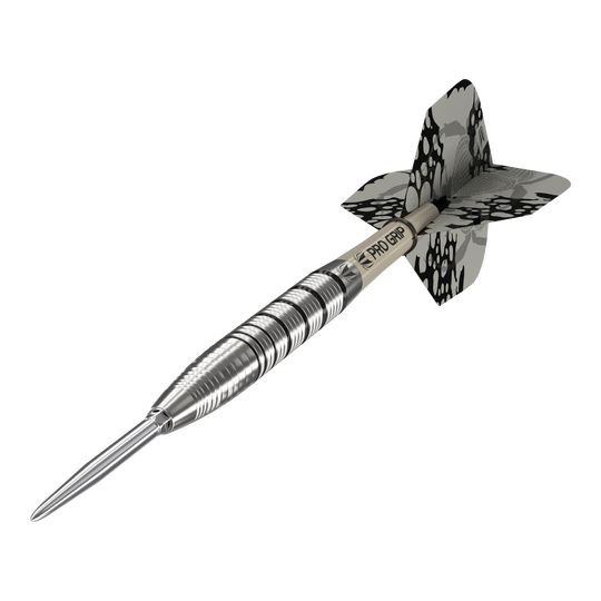 Target EXO SP02 Swiss Point stalen dartpijlen Das Bild zeigt den Target EXO SP02 Swiss Point Steeldart. Der Dart hat ein silbernes Griffstück mit schwarzen Akzenten und eine schwarz-gemusterte Flight.