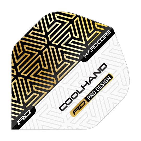 Red Dragon Hardcore Luke Humphries Goud Wit Premium Standaard Vluchten Das Bild zeigt einen Dartflight mit gold-schwarzem und weißem geometrischen Muster. Auf dem Flight stehen die Worte "HARDCORE", "COOLHAND" und "RD PRO DESIGN".