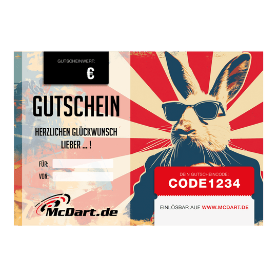 Das Bild zeigt einen Oster-Gutschein von McDart.de mit einem coolen Hasen mit Sonnenbrille. In der Mitte steht „Gutschein“ und rechts ist ein Feld für den Gutscheincode.