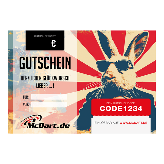 Paasvoucher Das Bild zeigt einen Oster-Gutschein von McDart.de mit einem coolen Hasen mit Sonnenbrille. In der Mitte steht „Gutschein“ und rechts ist ein Feld für den Gutscheincode.