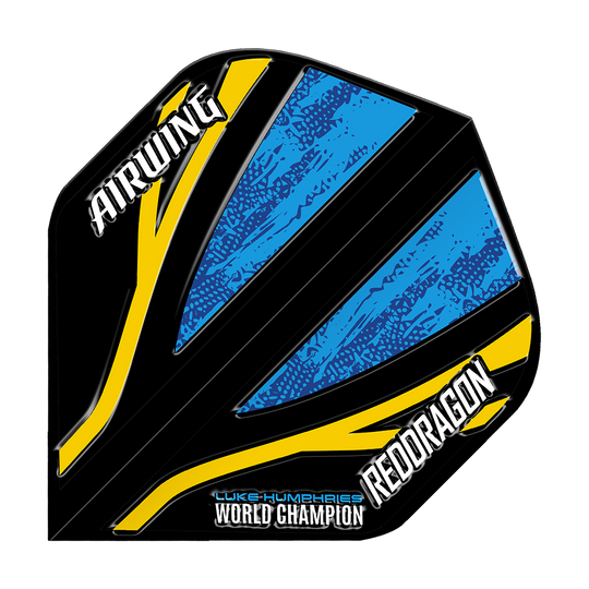 Red Dragon Airwing Luke Humphries Wereldkampioen Zwart Blauw Standaardvluchten Das Bild zeigt ein Dart-Flight mit schwarzem, blauem und gelbem Design. Auf dem Flight stehen die Wörter "AIRWING", "REDDRAGON" und "LUKE HUMPHRIES WORLD CHAMPION".