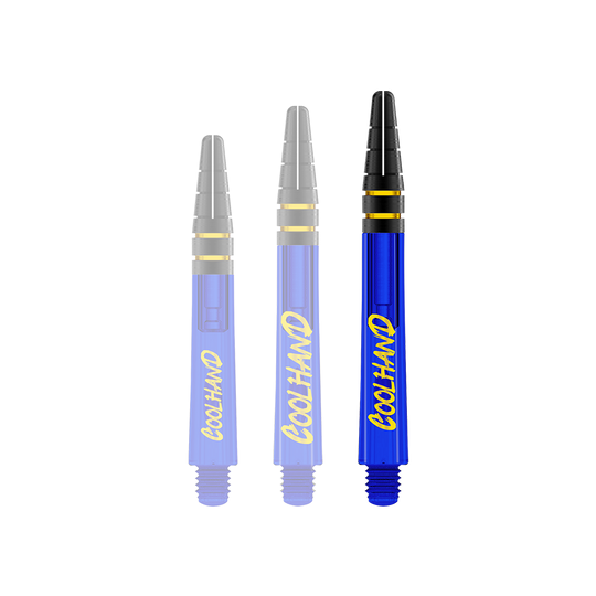 Red Dragon Nitrotech Luke Humphries Coolhand Shafts - Blauw Das Bild zeigt drei blaue Dartschäfte mit der gelben Aufschrift "COOLHAND". Die Spitzen der Schäfte sind schwarz mit goldenen Ringen verziert.