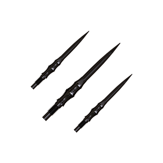 Harrows Quick Point Apex Spire Elite Series Dartspitzen - Schwarz Apex Spire Black Elite Serie Dartspitzen in 30mm sind abgebildet. Sie sind dunkel und schlank.