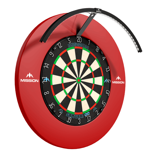 Mission Torus 120 LED-verlichtingssysteem - Zwart Das Foto zeigt das Mission Torus 120 LED Beleuchtungssystem in schwarzer Farbe. Das Produkt ist für eine gleichmäßige Ausleuchtung des Dartboards konzipiert.