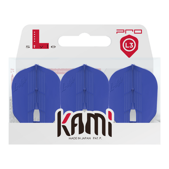 L-Style KAMI L3PRO-vluchten Das Bild zeigt eine Verpackung mit drei blauen Dart-Flights der Marke L-Style. Auf der Verpackung steht "kami" und "Made in Japan".