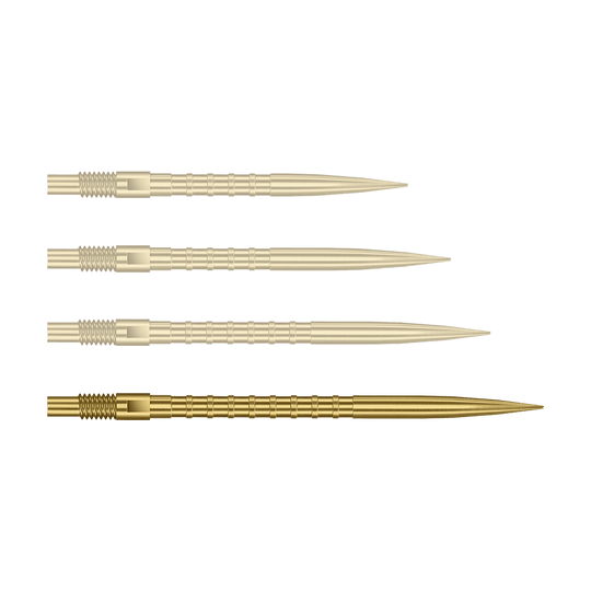 Harrows Quick Point Heavy Metal Dartpunten - Goud Auf dem Bild ist eine einzelne Harrows Quick Point Heavy Metal Grip Dartspitze in Gold, 40 mm, zu sehen. Die Spitze liegt im Fokus vor hellem Hintergrund.