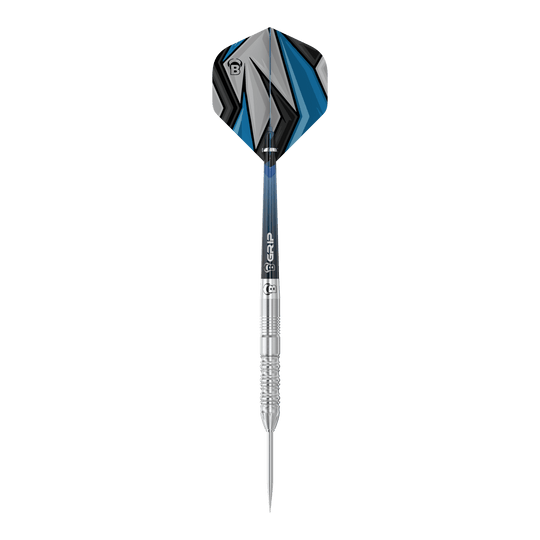 Bulls Stone S2 Steeldarts Das Bild zeigt einen Bulls Stone S2 Steeldart mit silbernem Schaft und spitzer Metallspitze. Die Flights sind in Blau, Schwarz und Grau mit einem modernen, geometrischen Muster gestaltet.